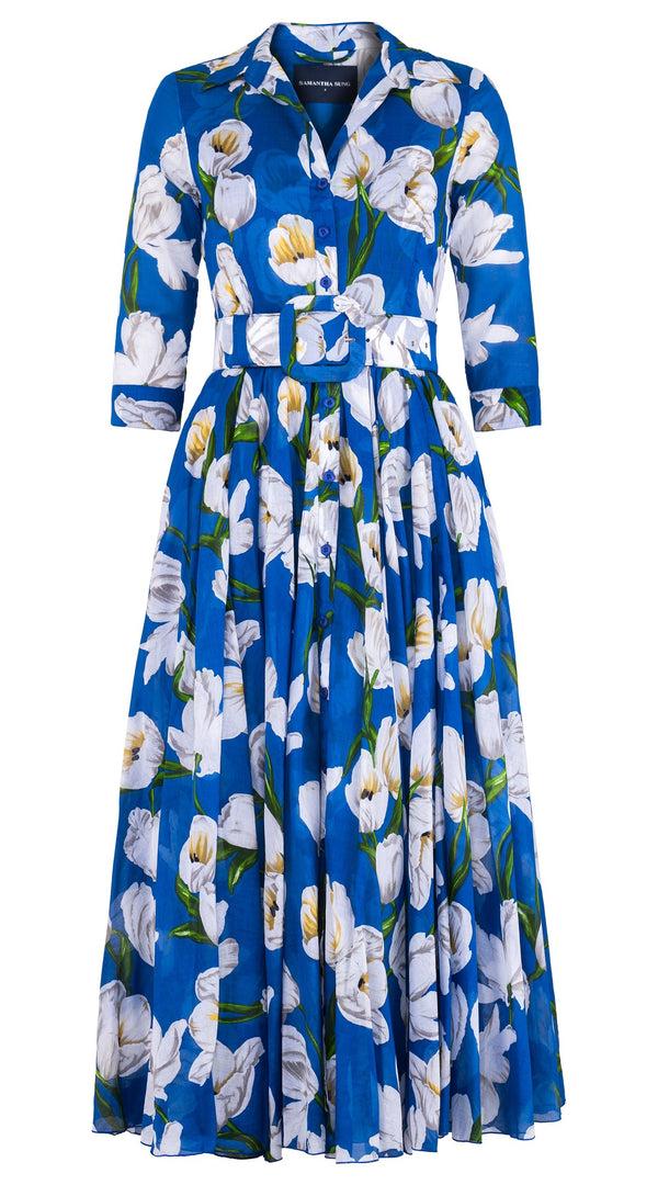 samantha sung Aster Dress Shirt Collar 3/4 Sleeve Midi Plus Length Cotton Musola (White Tulip)