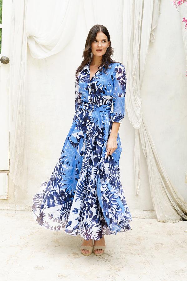 samantha sung Aster Dress Shirt Collar 3/4 Sleeve Midi Plus Length Cotton Musola (Picasso Mono Flower White Multi)