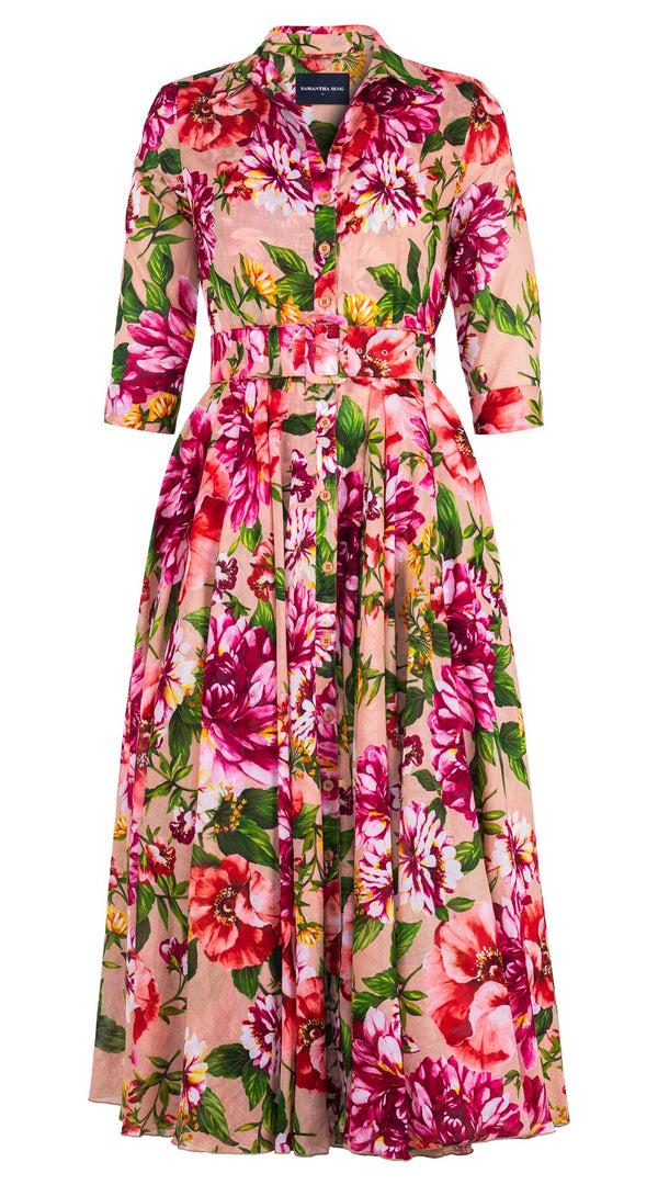 samantha sung Aster Dress Shirt Collar 3/4 Sleeve Midi Plus Length Cotton Musola (Los Cabos Flower)