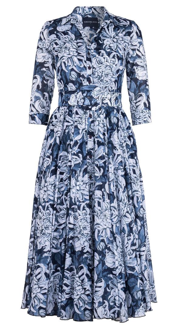 samantha sung Aster Dress Shirt Collar 3/4 Sleeve Midi Plus Length Cotton Musola (Chrysanthemum Flower Big)