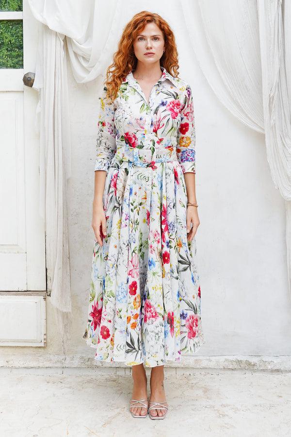 Samantha Sung Aster Dress Shirt Collar 3/4 Sleeve Midi Plus Length Cotton Musola (Multicolor Botanic Small)