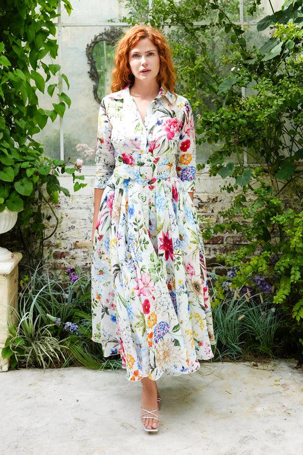 samantha sung Aster Dress Shirt Collar 3/4 Sleeve Midi Plus Length Cotton Musola (Multicolor Botanic Small)