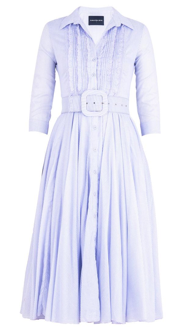 Samantha Sung Aster Dress Shirt Collar Ruffle #2 3/4 Sleeve Midi Length Cotton Musola (Hairline Stripe)