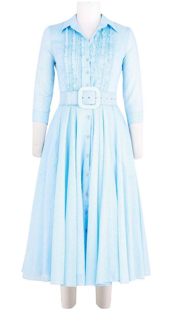 Samantha Sung Aster Dress Shirt Collar Ruffle #2 3/4 Sleeve Midi Length Cotton Musola (Hairline Stripe)