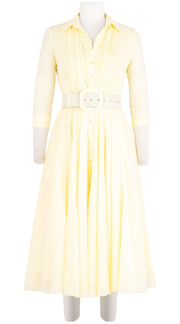 Samantha Sung Aster Dress Shirt Collar Ruffle #2 3/4 Sleeve Midi Length Cotton Musola (Hairline Stripe)