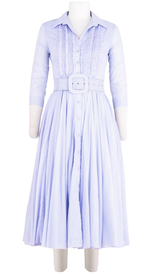 Samantha Sung Aster Dress Shirt Collar Ruffle #2 3/4 Sleeve Midi Length Cotton Musola (Hairline Stripe)