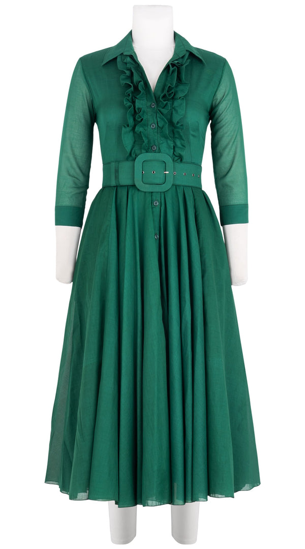 Samantha Sung Aster Dress Shirt Collar Ruffle Bias 3/4 Sleeve Midi Length Silk Musola (Solid)