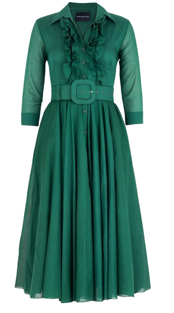 samantha sung Aster Dress Shirt Collar Ruffle Bias 3/4 Sleeve Midi Length Silk Musola (Solid)