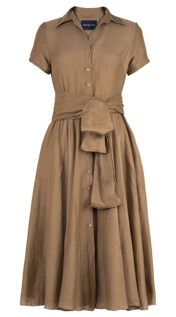 Samantha Sung Aster Dress Shirt Collar Short Cuffed Sleeve Midi Length Cotton Musola (Solid)