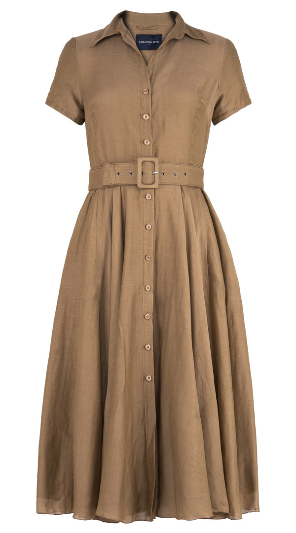 samantha sung Aster Dress Shirt Collar Short Cuffed Sleeve Midi Length Cotton Musola (Solid)
