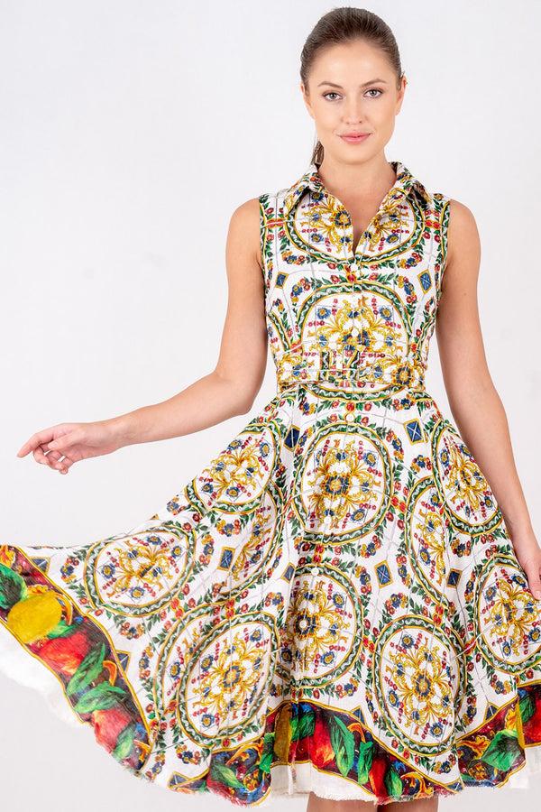 Samantha Sung Aster Dress Shirt Collar Sleeveless Long Length Linen (Santorini Tile)