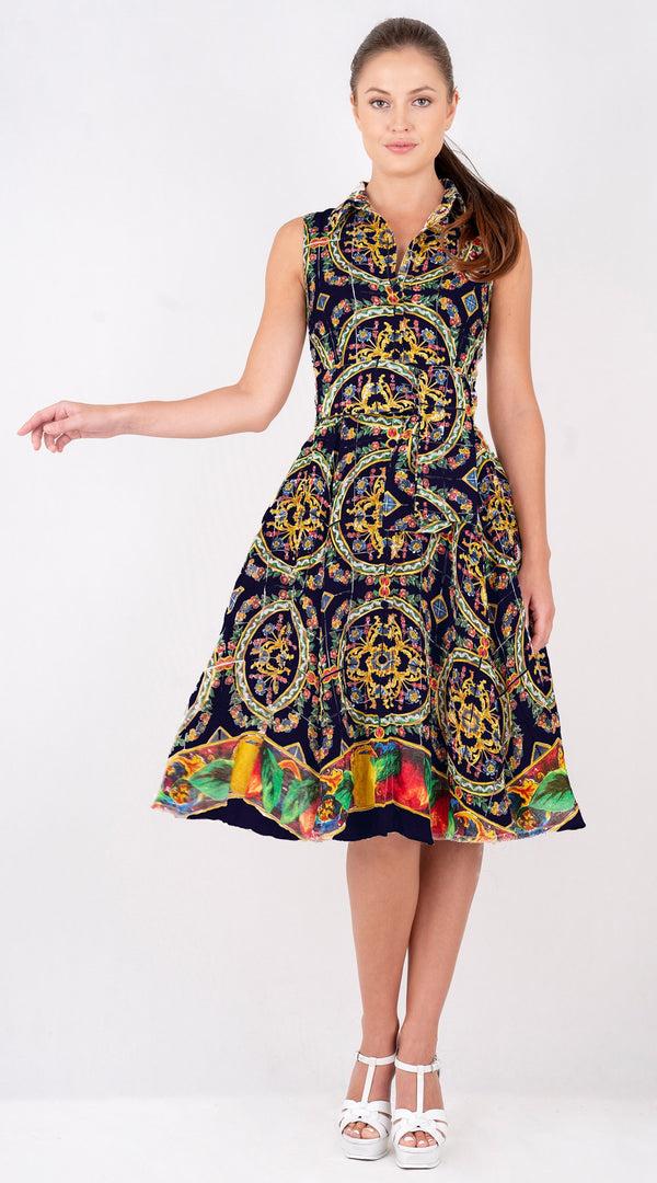 Samantha Sung Aster Dress Shirt Collar Sleeveless Long Length Linen (Santorini Tile)