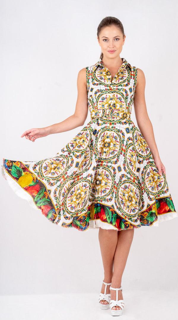 Samantha Sung Aster Dress Shirt Collar Sleeveless Long Length Linen (Santorini Tile)