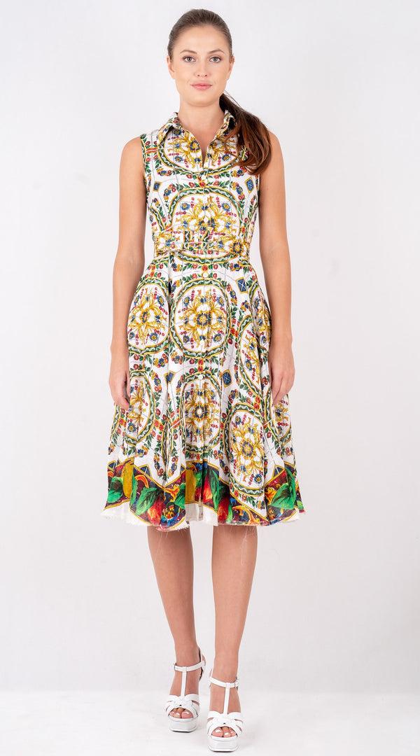 samantha sung Aster Dress Shirt Collar Sleeveless Long Length Linen (Santorini Tile)