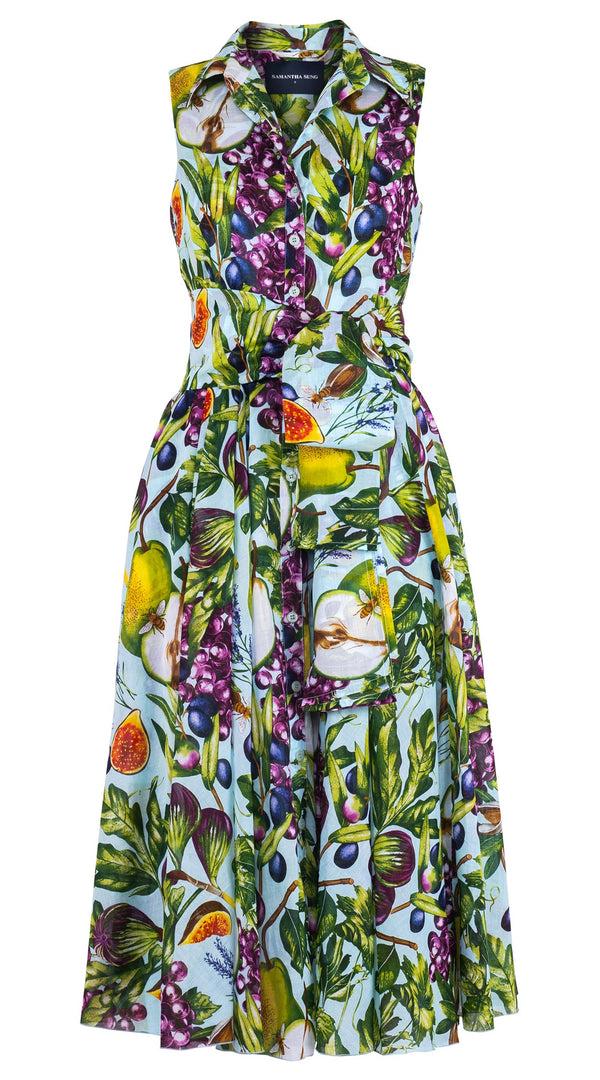 Samantha Sung Aster Dress Shirt Collar Sleeveless Midi Length Cotton Musola (Fruit Farm)