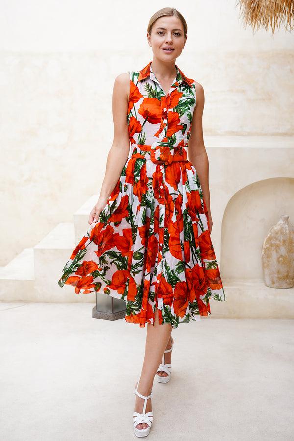 samantha sung Aster Dress Shirt Collar Sleeveless Midi Length Cotton Musola (Poppy Poland Big)