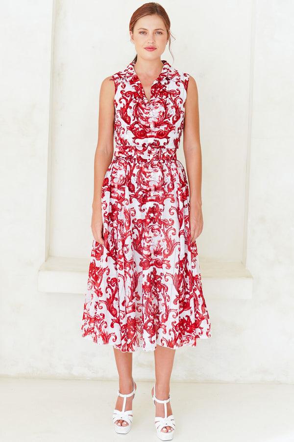 samantha sung Aster Dress Shirt Collar Sleeveless Midi Length Cotton Musola (Cherub Tile)