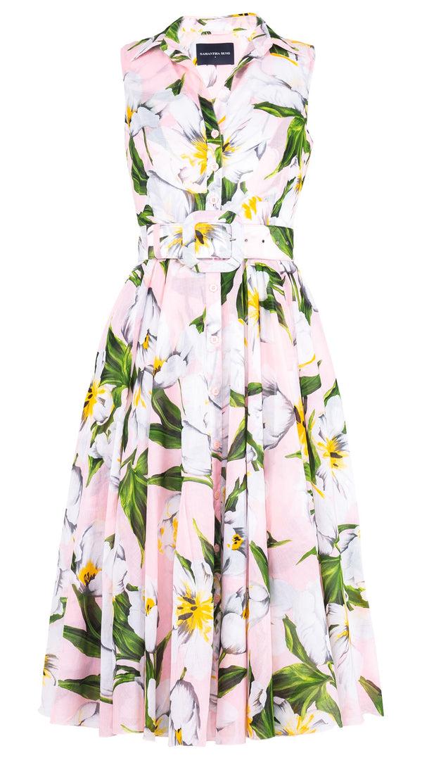 Samantha Sung Aster Dress Shirt Collar Sleeveless Midi Length Cotton Musola (Emperor Tulip Pastel)