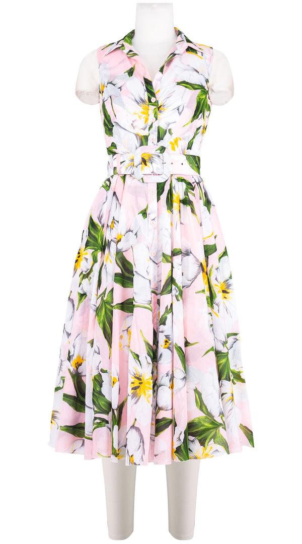 samantha sung Aster Dress Shirt Collar Sleeveless Midi Length Cotton Musola (Emperor Tulip Pastel)