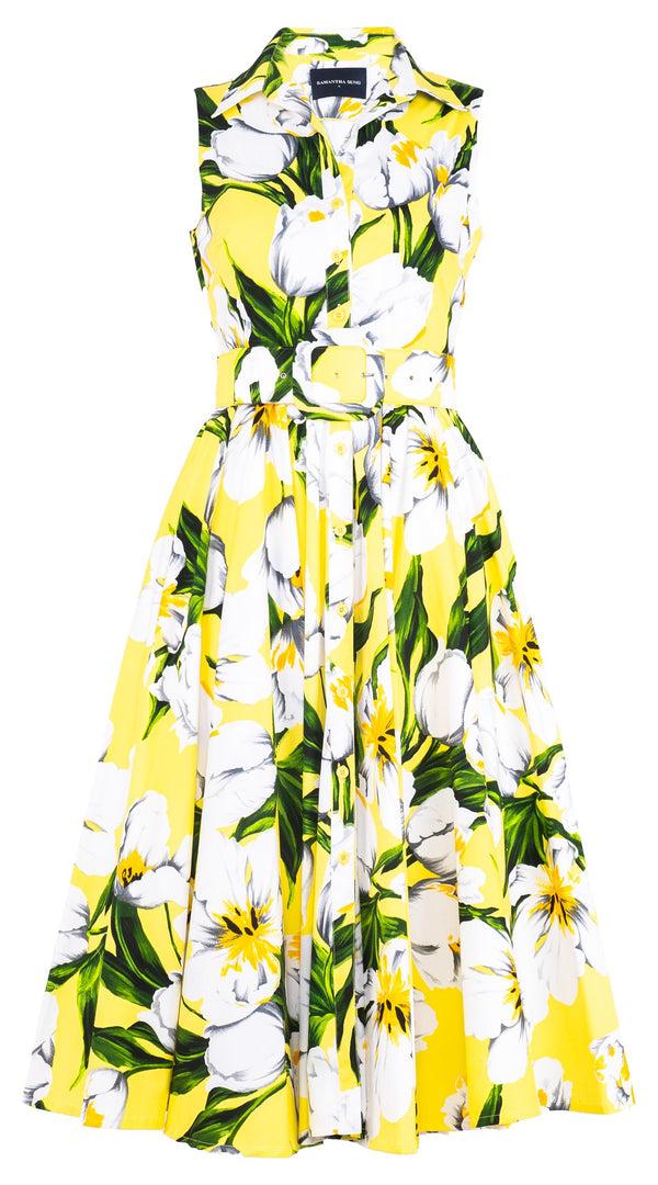 Samantha Sung Aster Dress Shirt Collar Sleeveless Midi Length Cotton Stretch (Emperor Tulip Bright)