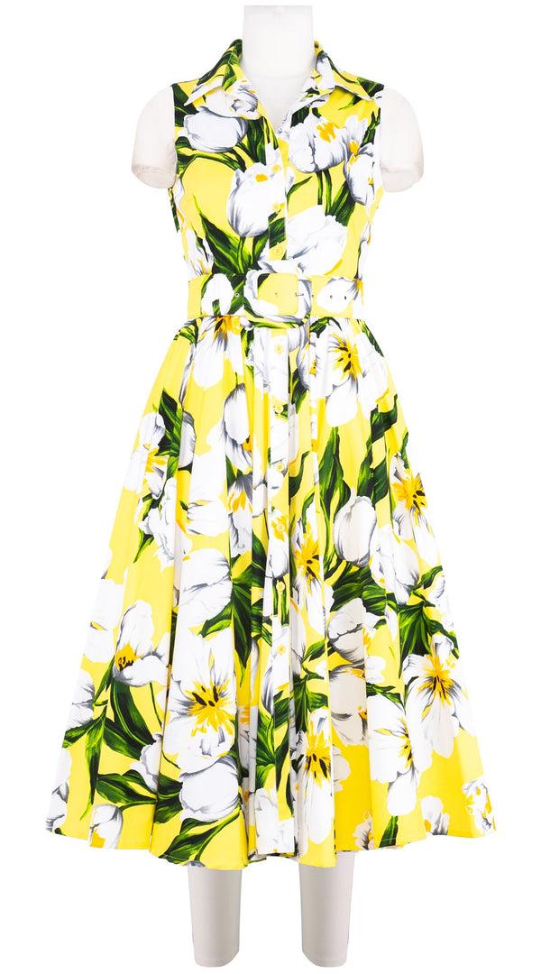 samantha sung Aster Dress Shirt Collar Sleeveless Midi Length Cotton Stretch (Emperor Tulip Bright)