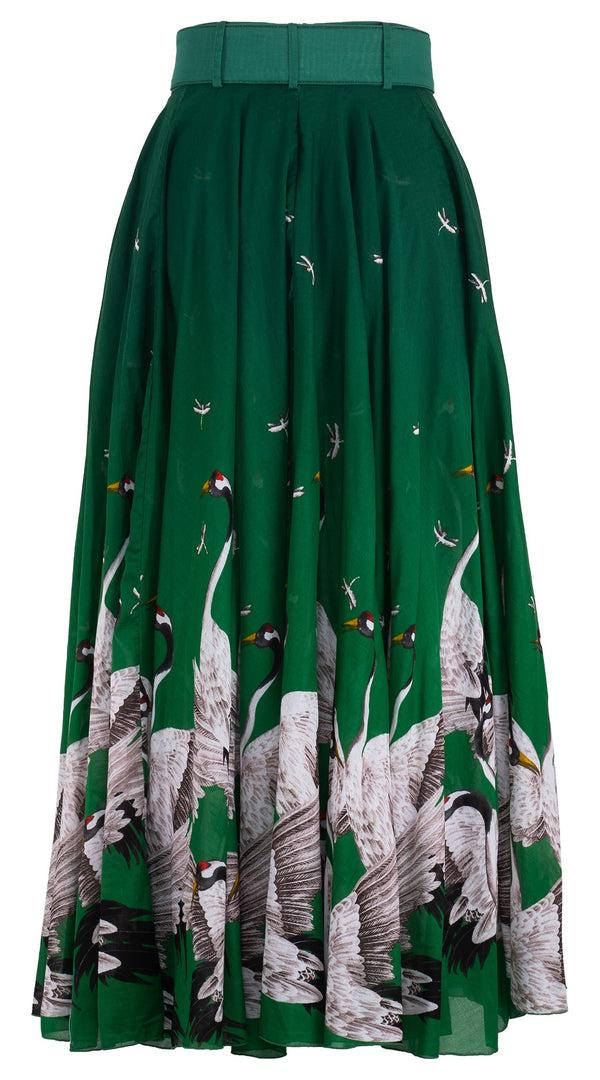 Samantha Sung Aster Skirt #1 With Belt Maxi Length Cotton Musola (White Crane Ombre)