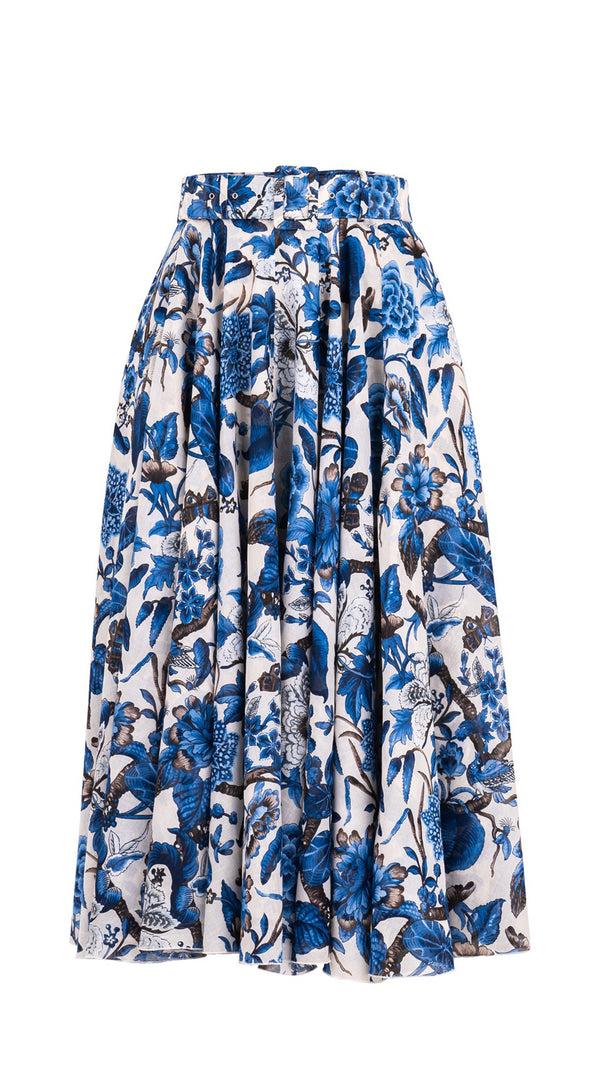Samantha Sung Aster Skirt #1 With Belt Midi Length Cotton Musola (Hill Garden White)