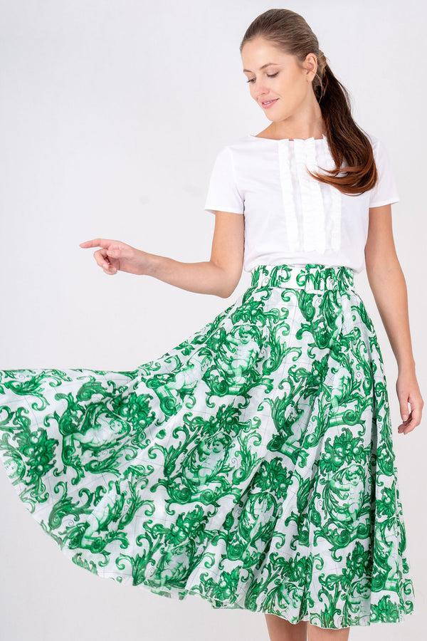 Samantha Sung Aster Skirt #1 With Belt Midi Length Cotton Musola (Cherub Tile)