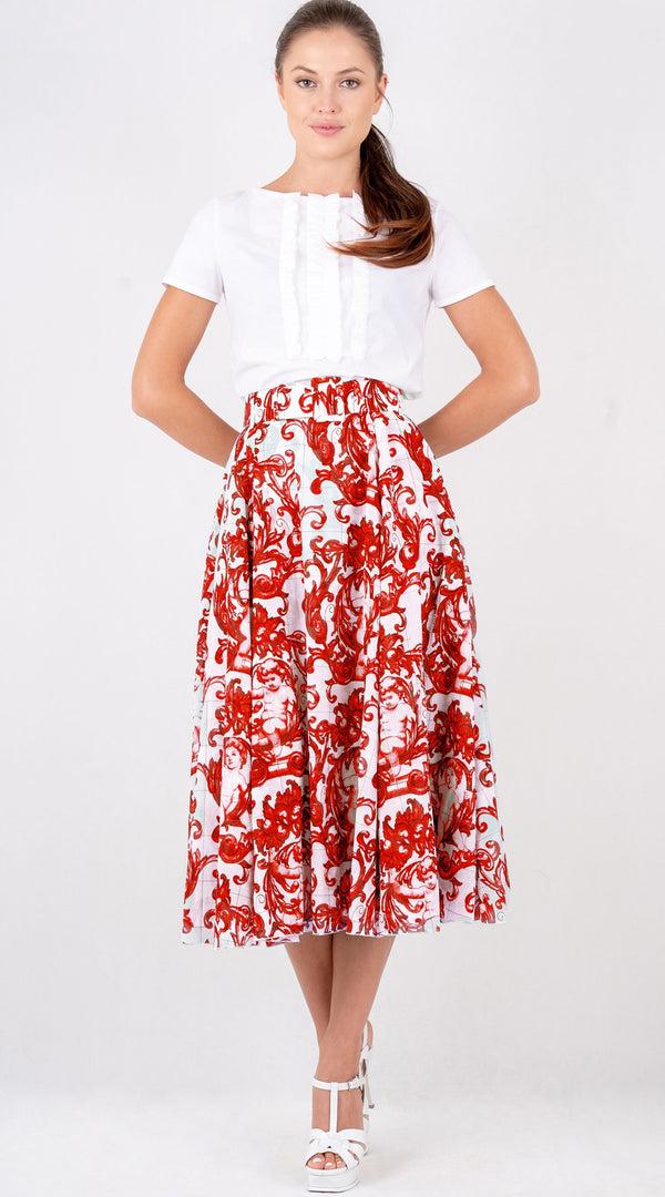 Samantha Sung Aster Skirt #1 With Belt Midi Length Cotton Musola (Cherub Tile)
