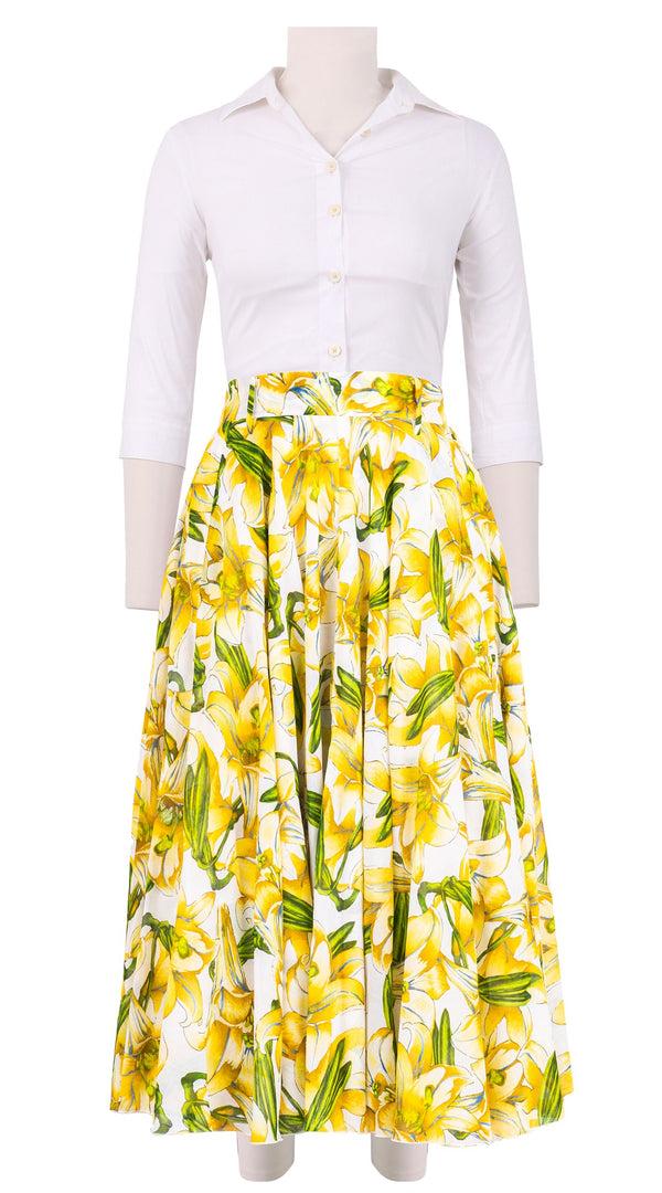 Samantha Sung Aster Skirt #1 With Belt Midi Length Cotton Musola (Paper Lillies White)