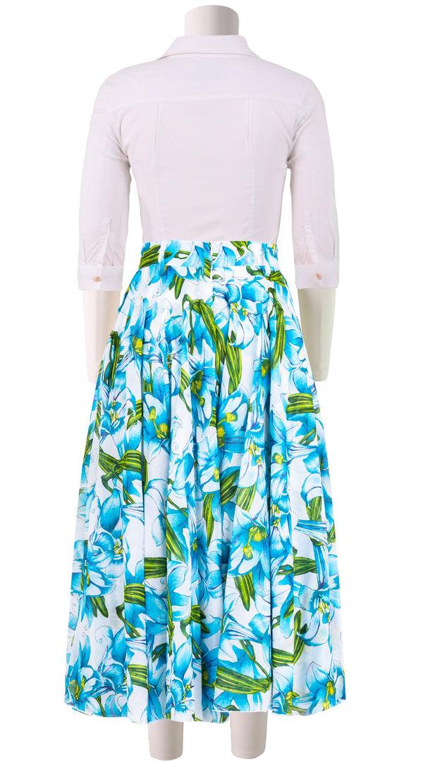 Samantha Sung Aster Skirt #1 With Belt Midi Length Cotton Musola (Paper Lillies White)