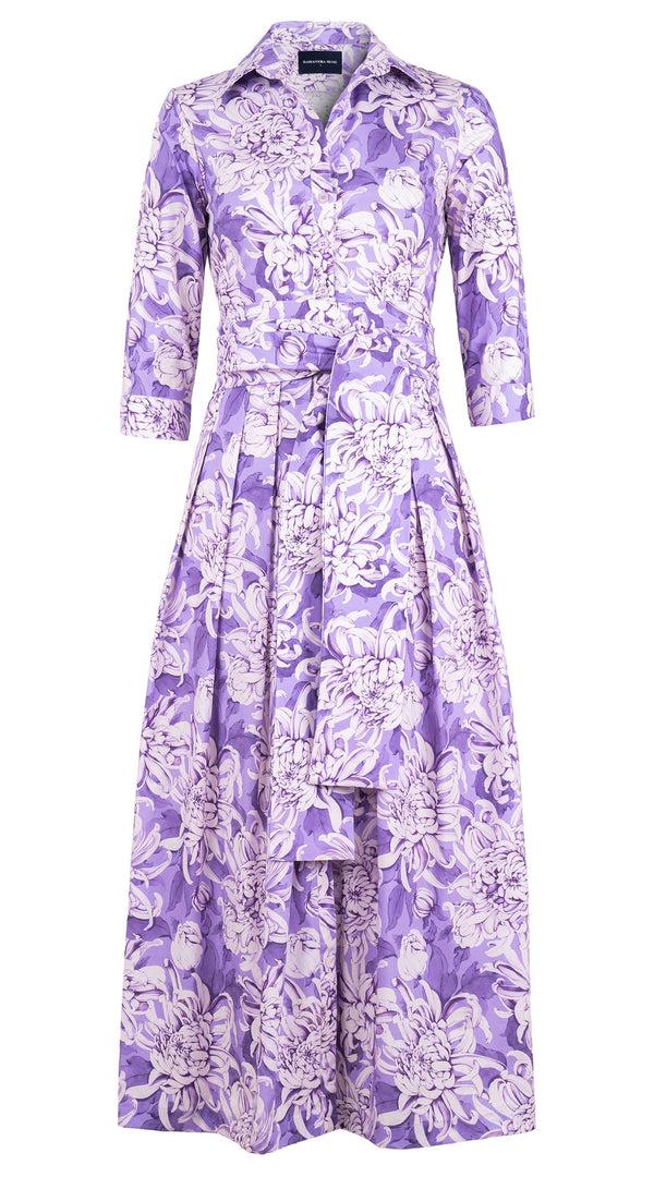 Samantha Sung Audrey Dress #1 Shirt Collar 3/4 Sleeve Ankle Length Cotton Stretch (Chrysanthemum Flower Big)