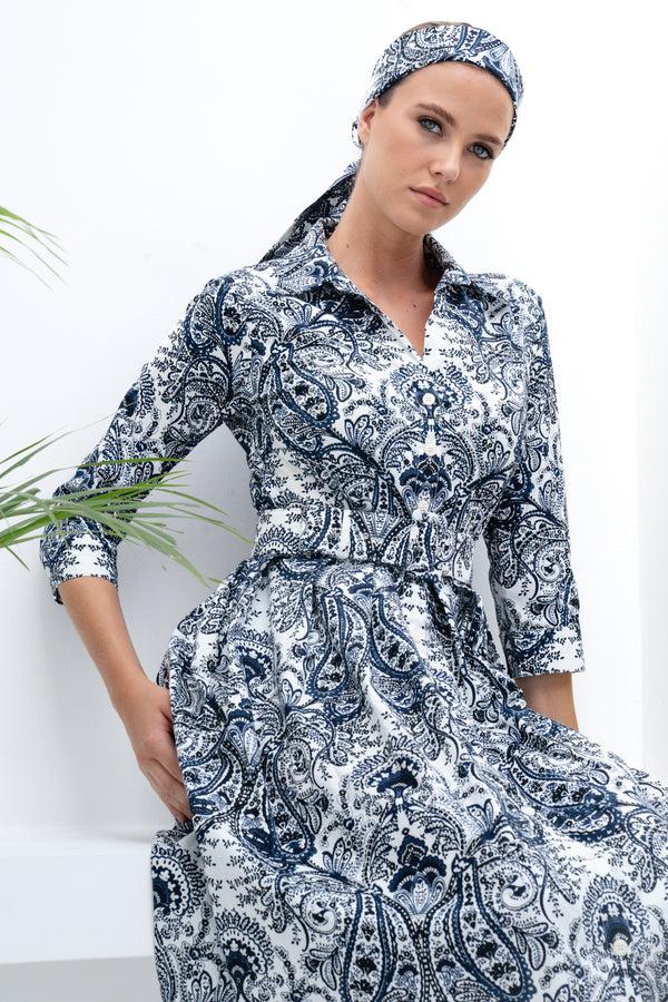 Samantha Sung Audrey Dress #1 Shirt Collar 3/4 Sleeve Cotton Stretch (Russian Paisley)