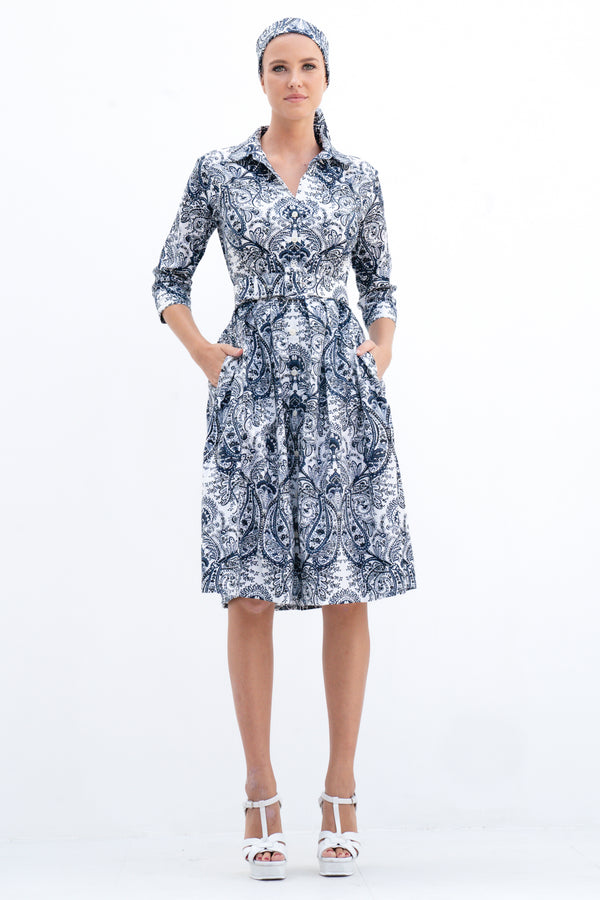 samantha sung Audrey Dress #1 Shirt Collar 3/4 Sleeve Cotton Stretch (Russian Paisley)