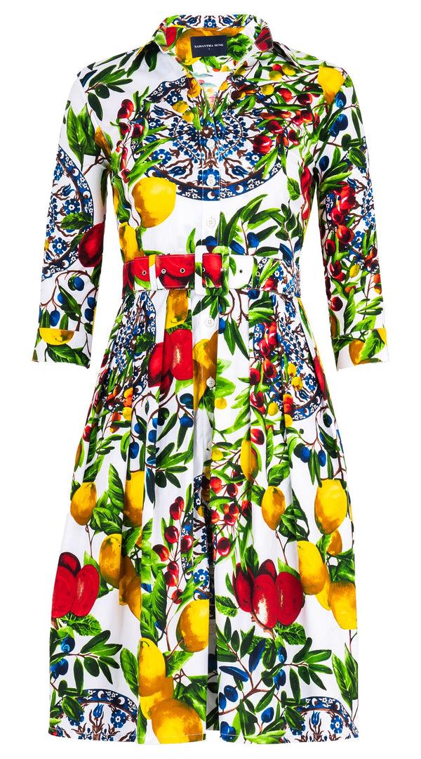 Samantha Sung Audrey Dress #1 Shirt Collar 3/4 Sleeve Cotton Stretch (Tuscan Olive Lemon Big)