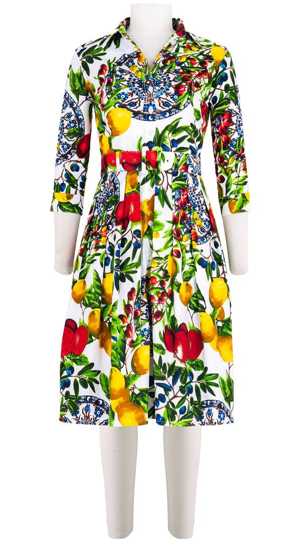 samantha sung Audrey Dress #1 Shirt Collar 3/4 Sleeve Cotton Stretch (Tuscan Olive Lemon Big)