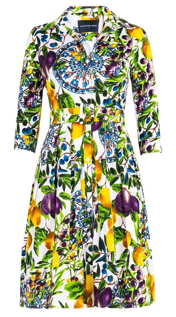 Samantha Sung Audrey Dress #1 Shirt Collar 3/4 Sleeve Cotton Stretch (Tuscan Olive Lemon Small)