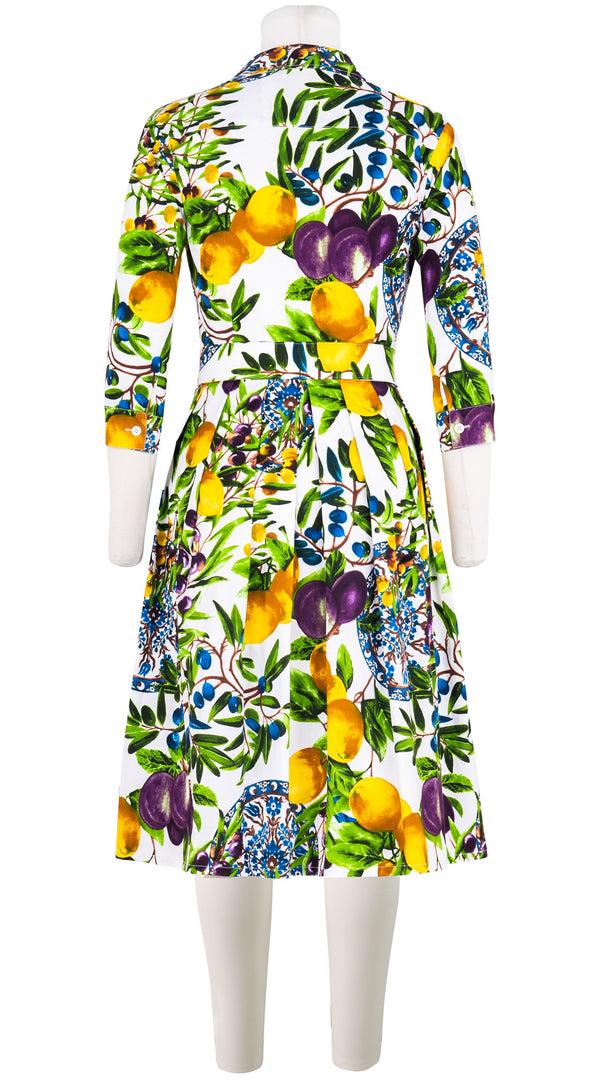Samantha Sung Audrey Dress #1 Shirt Collar 3/4 Sleeve Cotton Stretch (Tuscan Olive Lemon Small)