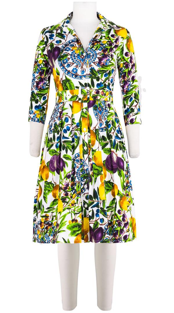 samantha sung Audrey Dress #1 Shirt Collar 3/4 Sleeve Cotton Stretch (Tuscan Olive Lemon Small)