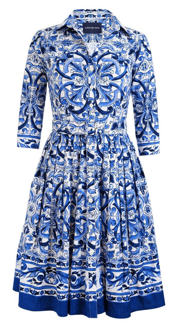 Samantha Sung Audrey Dress #1 Shirt Collar 3/4 Sleeve Cotton Stretch_Del Mar Tile_White Cobalt Blue