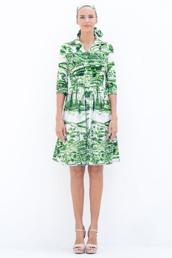 samantha sung Audrey Dress #1 Shirt Collar 3/4 Sleeve Cotton Stretch (Azulejo All Over)