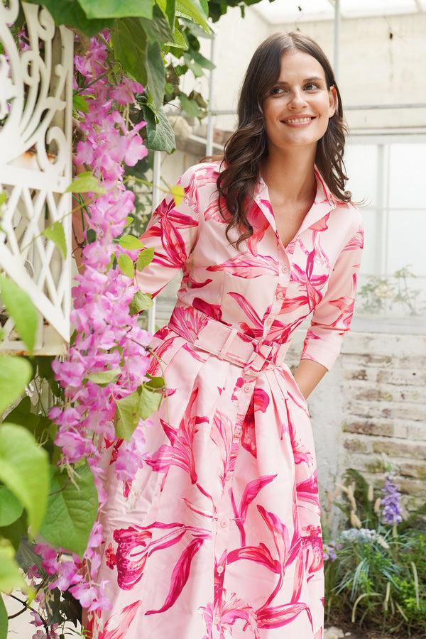 Samantha Sung Audrey Dress #1 Shirt Collar 3/4 Sleeve Long Length Poliamide Taffta (Portofino Lillies Big)