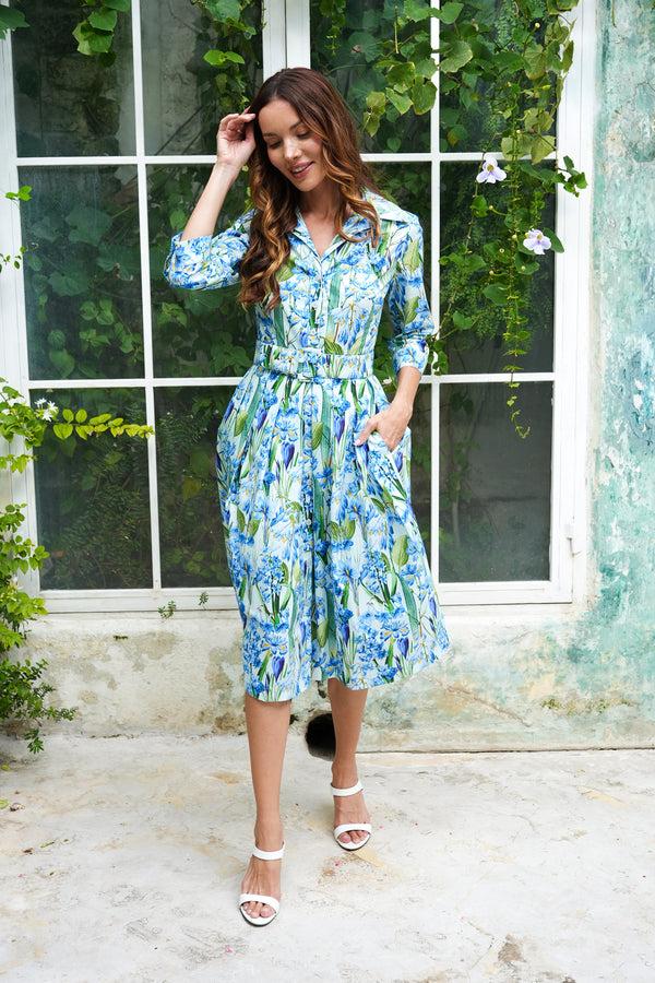 samantha sung Audrey Dress #1 Shirt Collar 3/4 Sleeve Long Length Cotton Stretch (Crocus Hyacinth Pastel)