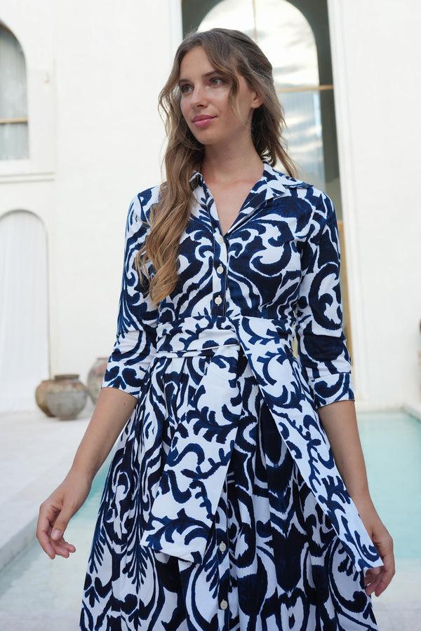 Samantha Sung Audrey Dress #1 Shirt Collar 3/4 Sleeve Long Length Cotton Stretch (Maiolica Blue Tile Small)