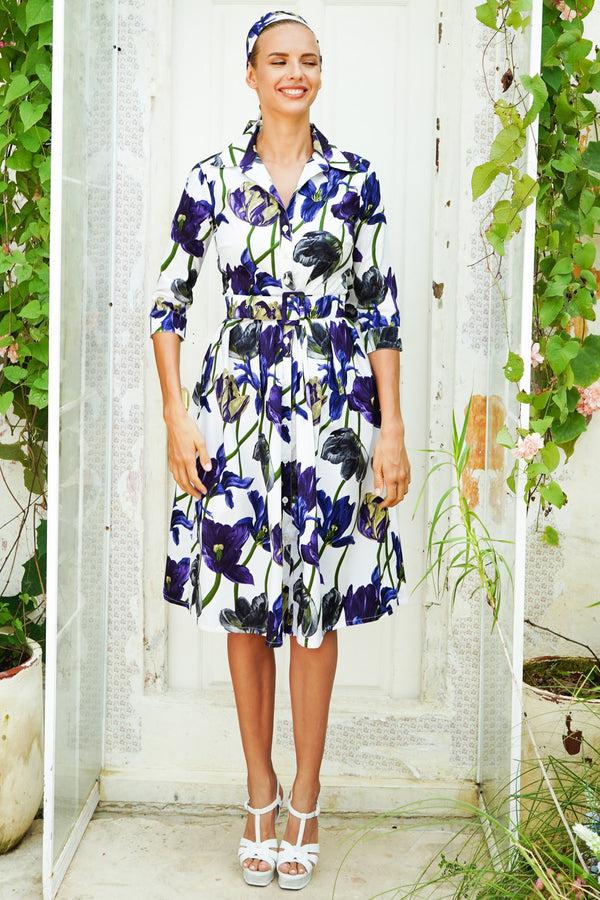 samantha sung Audrey Dress #1 Shirt Collar 3/4 Sleeve Long Length Cotton Stretch (Rambrandt Tulip)