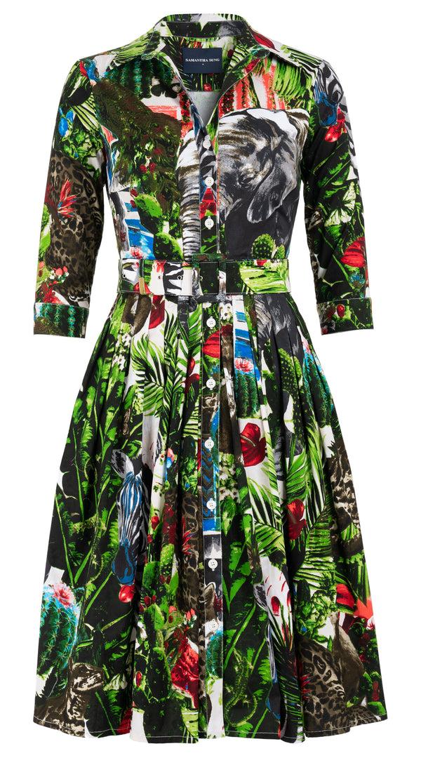 samantha sung Audrey Dress #1 Shirt Collar 3/4 Sleeve Long Length Cotton Stretch (Congo Jungle) 8