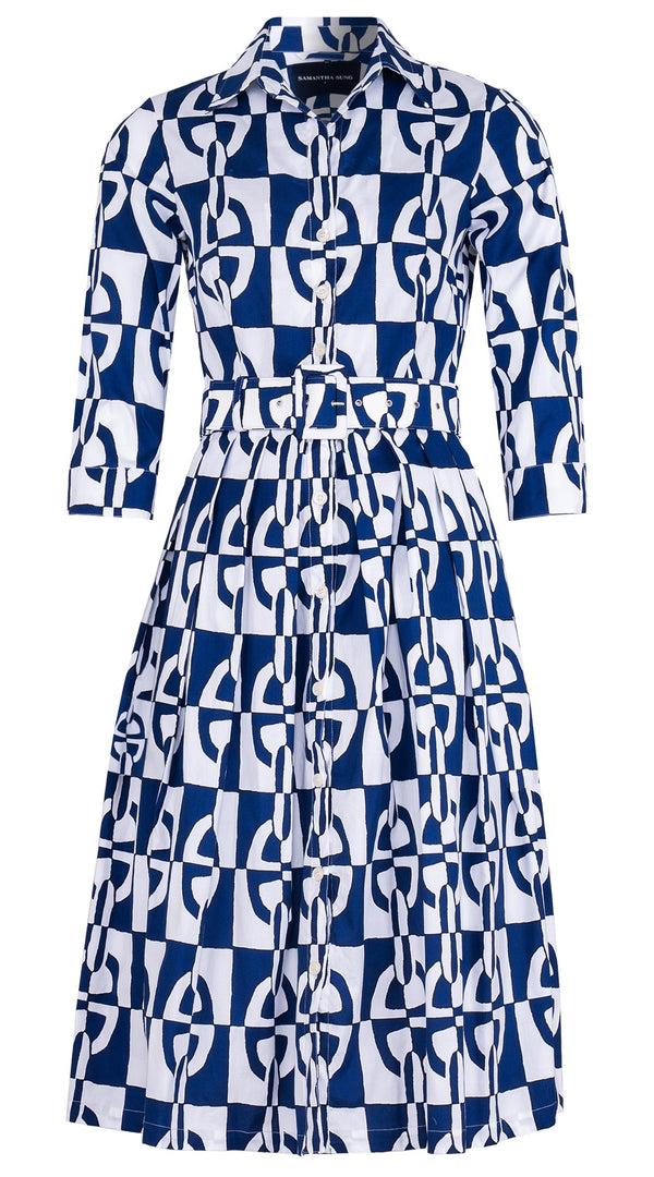 Samantha Sung Audrey Dress #1 Shirt Collar 3/4 Sleeve Long Length Cotton Stretch (Geometric Chain)