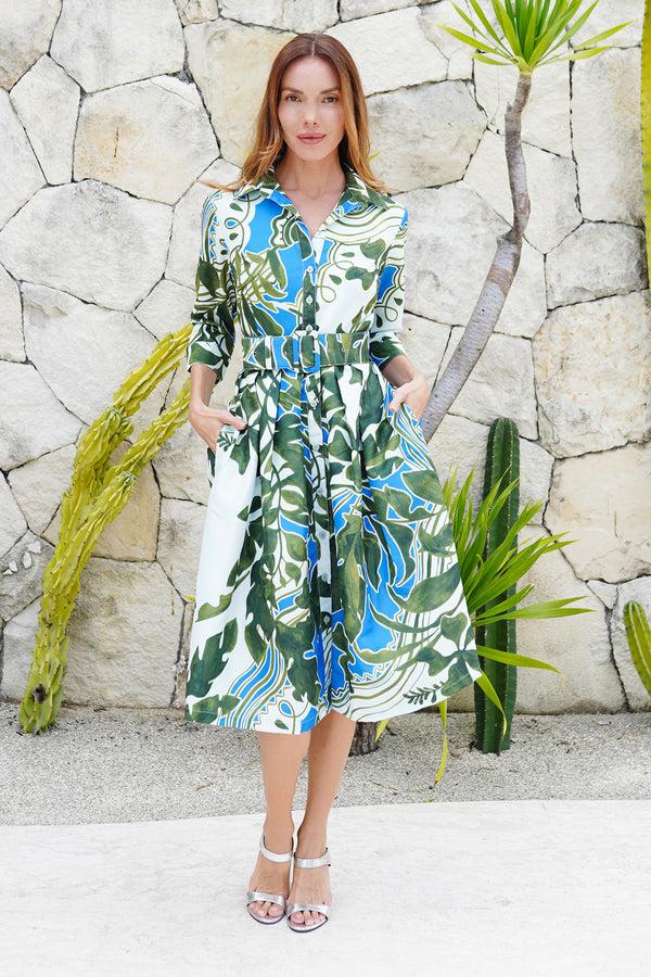 samantha sung Audrey Dress #1 Shirt Collar 3/4 Sleeve Long Length Poliamide Taffta (Como Lake Garden Pastel)