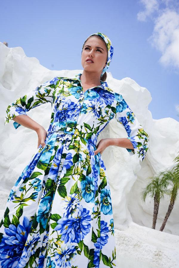 samantha sung Audrey Dress #1 Shirt Collar 3/4 Sleeve Long Length Cotton Stretch (Los Cabos Flower White)