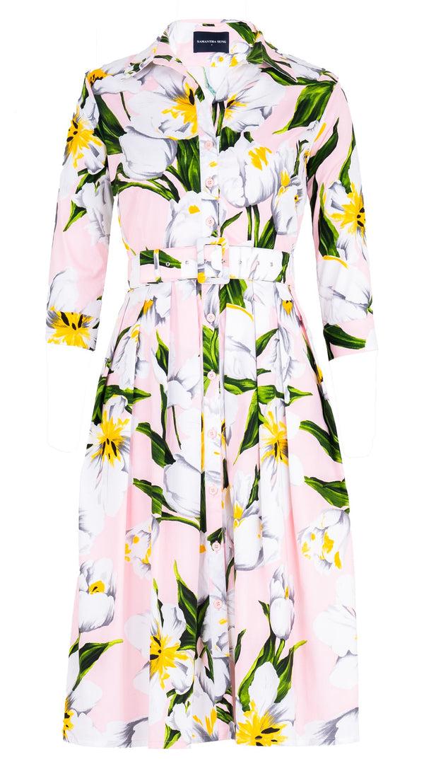 Samantha Sung Audrey Dress #1 Shirt Collar 3/4 Sleeve Long Length Cotton Stretch (Emperor Tulip Pastel)